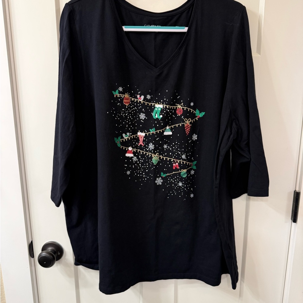 Catherines Black Christmas Long Sleeve Top with Colorful Accents